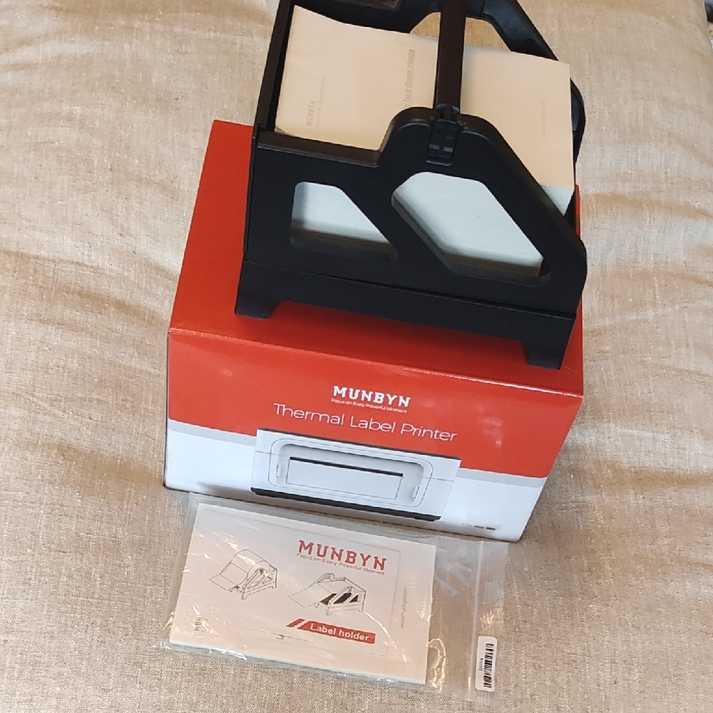 MUNBYN: Thermal Label Printer (Black Holder, Starter Kit Label Sheets & Manual)
